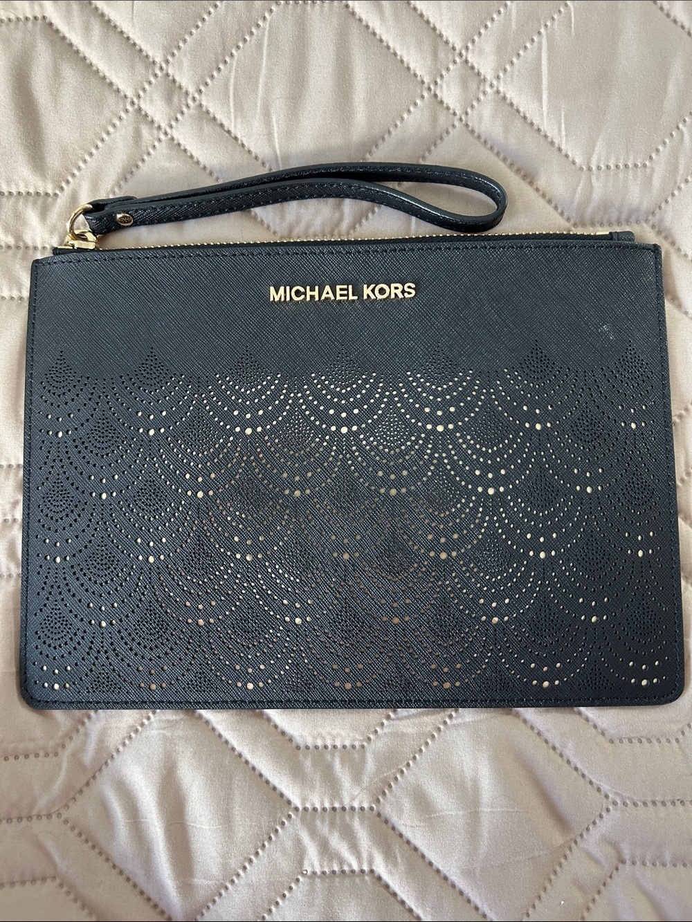 Michael Kors Black Laser-Cut Wristlet Clutch with Gold Logo | Like New